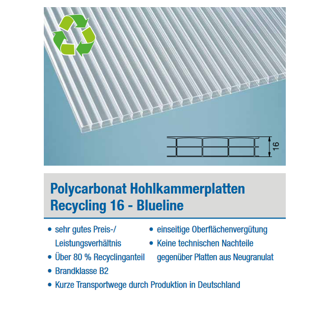 PC Hohlkammerplatten blueline 16mm **klar** **Recyclingplatte **