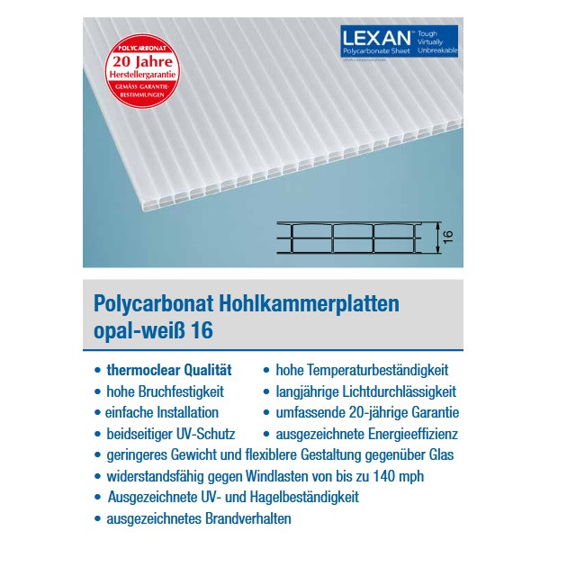 PC Hohlkammerplatten 16mm **opal-weiß**